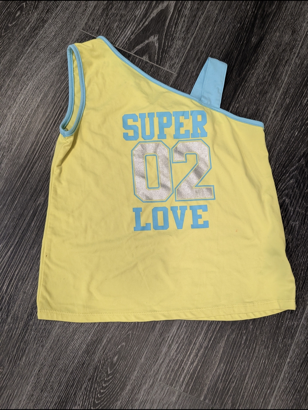 Forever 21 Yellow One-Shoulder Tank with Blue Trim & Silver '02'